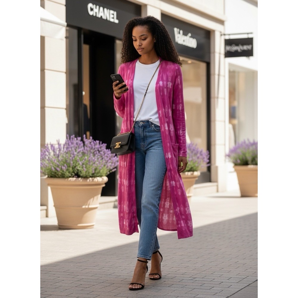 G by Giuliana Printed Slub Knit Duster Cardigan Hot Pink Tie Dye Sz L